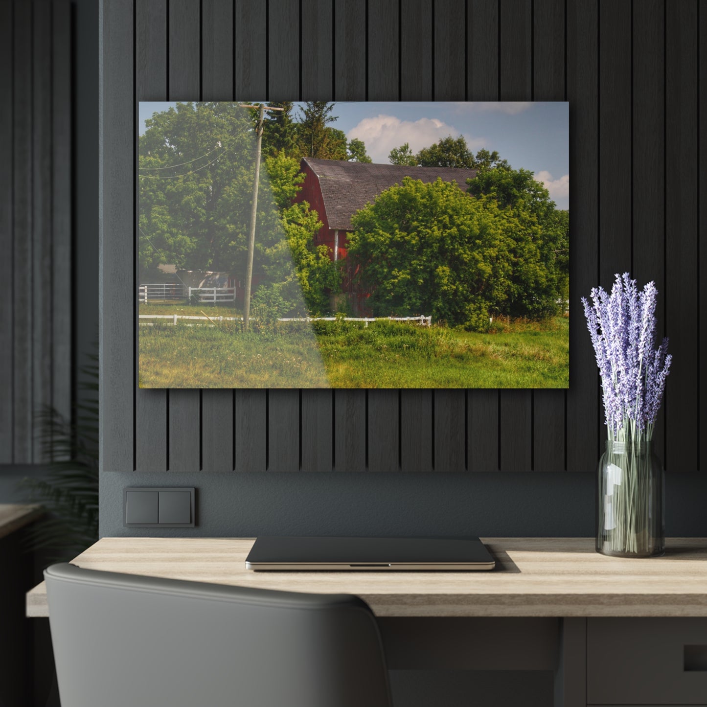 U R There Photography Hidden Red Beyond the Fence Rustic Farmhouse Acrylic Wall Print