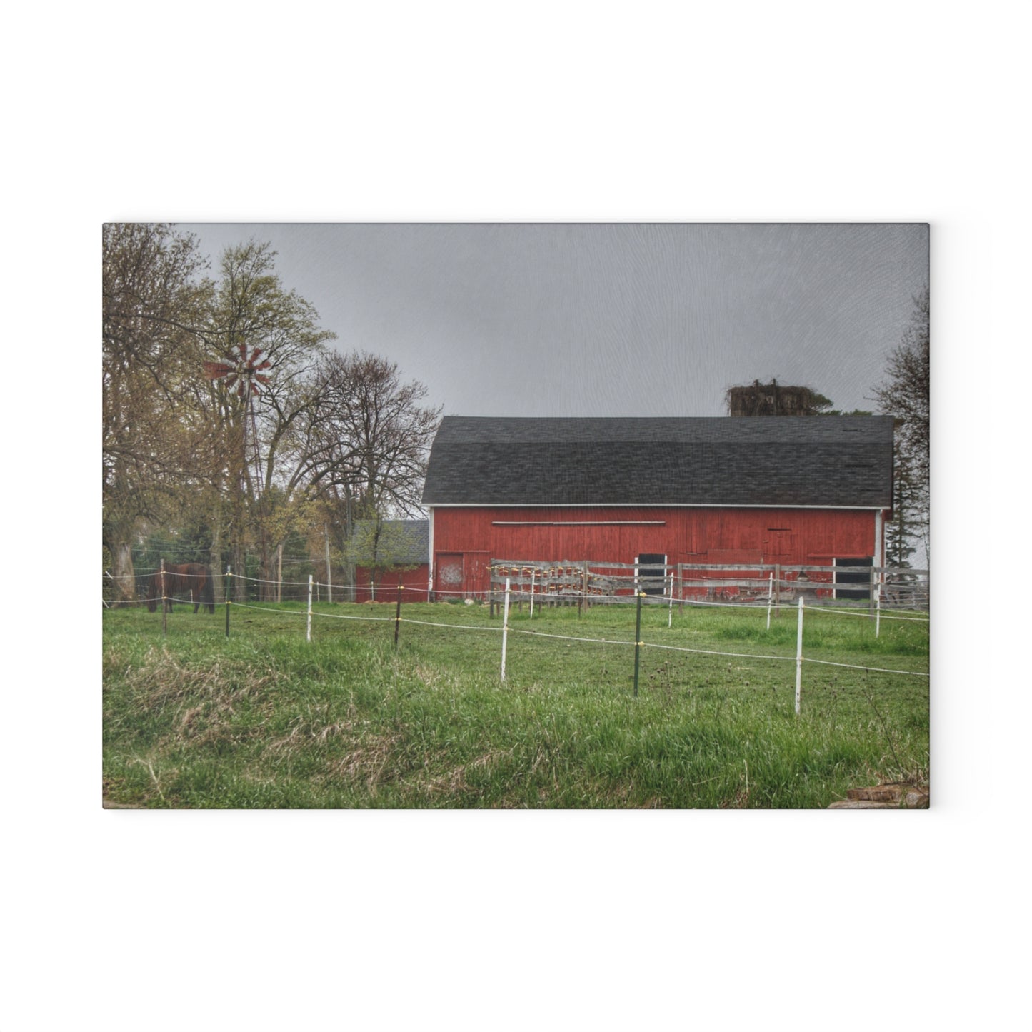 U R There Photography West Lake Road Farm and Filly II Rustic Farmhouse Tempered-Glass Cutting Board