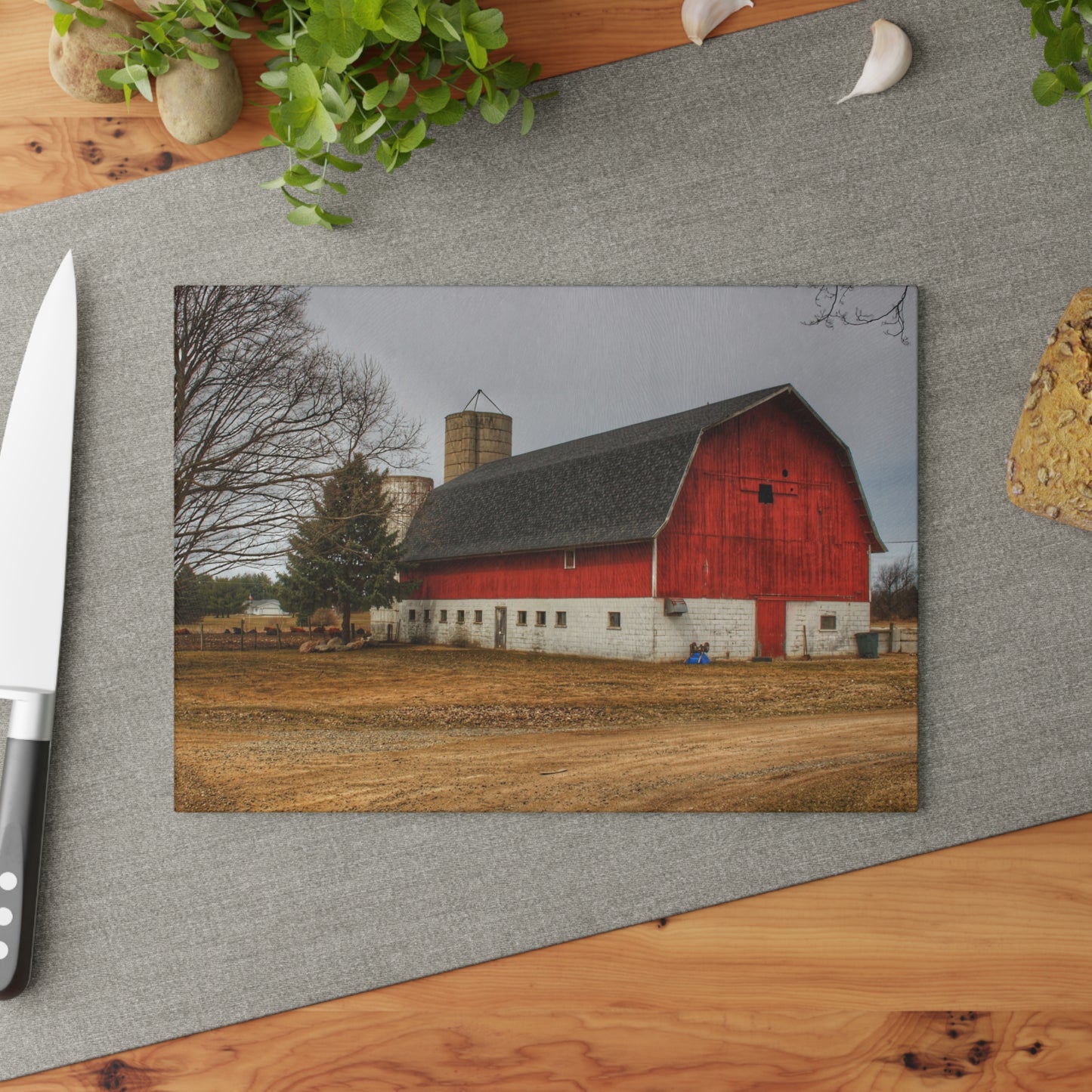 U R There Photography Hunters Creek Red Cow Barn II Rustic Farmhouse Tempered-Glass Cutting Board