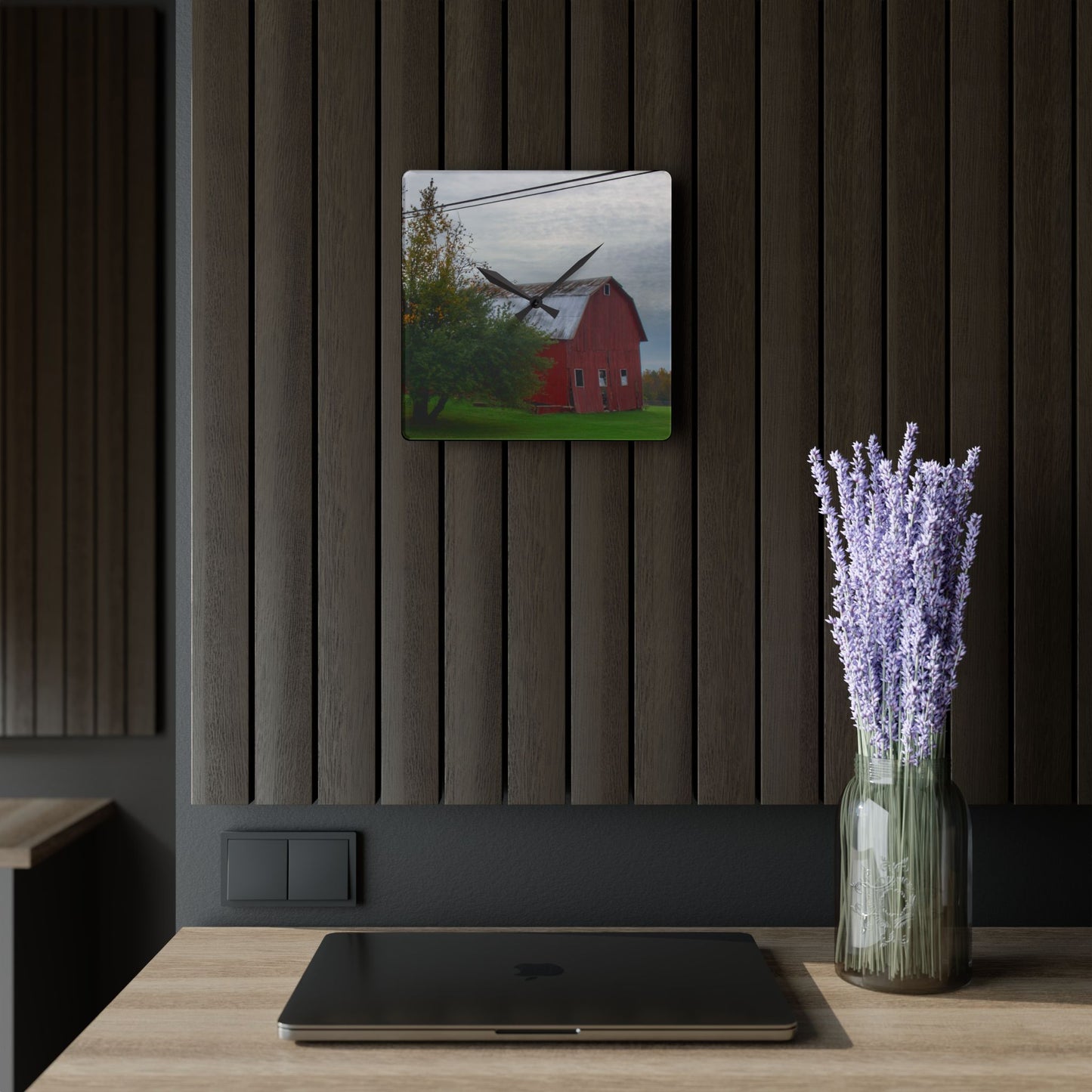 U R There Photography Perry Road Tilted Red Rustic Farmhouse Acrylic Analog Wall Clock