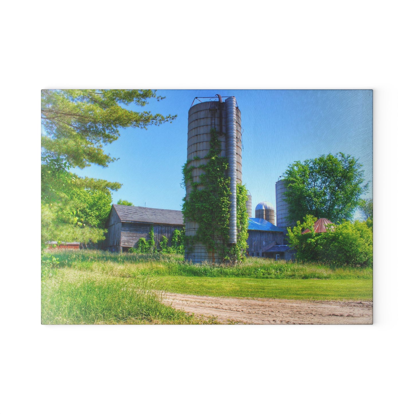 U R There Photography Bordman Road Old Grey and Silo II Rustic Farmhouse Tempered-Glass Cutting Board