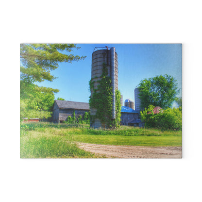 U R There Photography Bordman Road Old Grey and Silo II Rustic Farmhouse Tempered-Glass Cutting Board