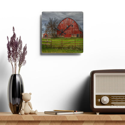 U R There Photography Beyond the Fence Red Rustic Farmhouse Acrylic Analog Wall Clock