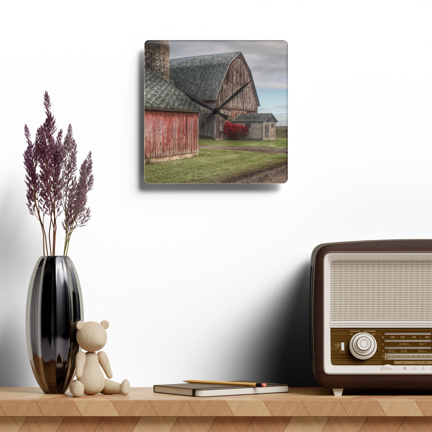 U R There Photography Roedel Roadside Reds III Rustic Farmhouse Acrylic Analog Wall Clock