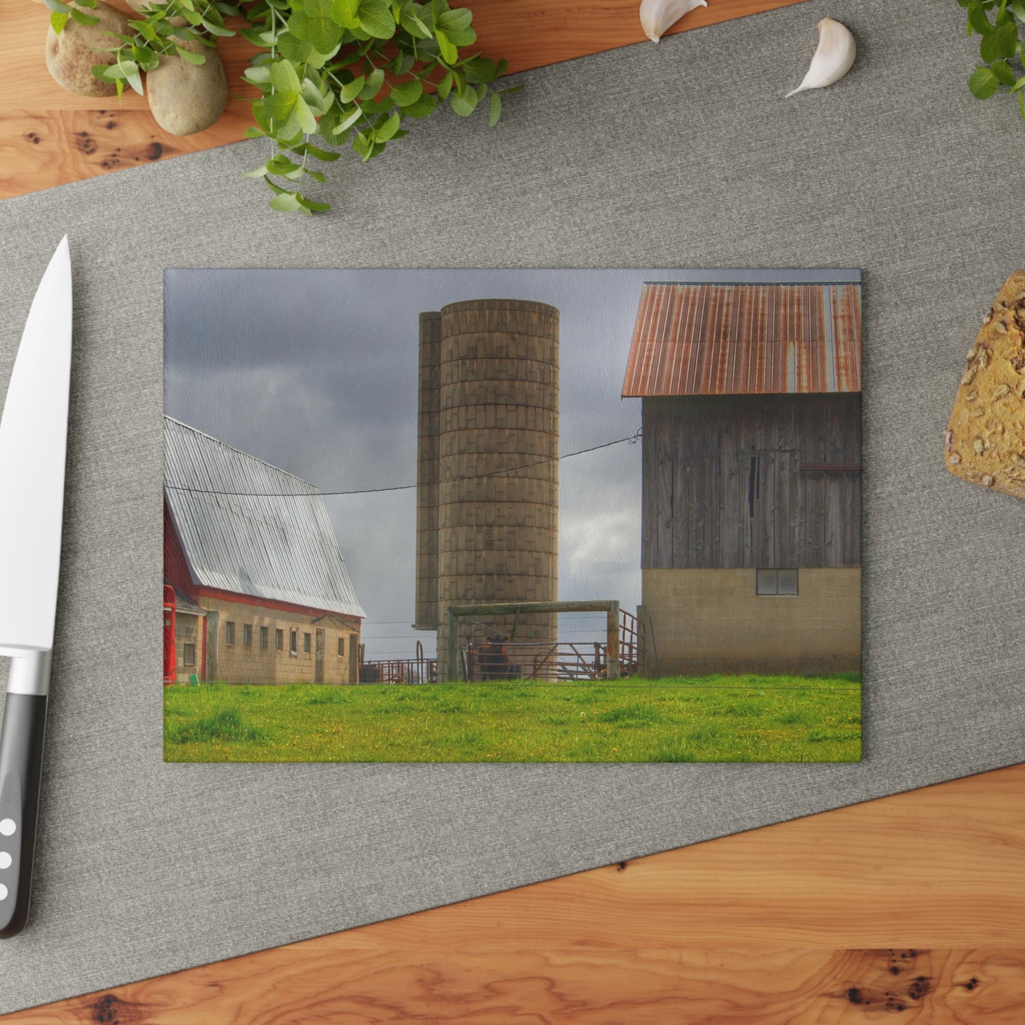 U R There Photography Clothier Road Grey and Silo Rustic Farmhouse Tempered-Glass Cutting Board