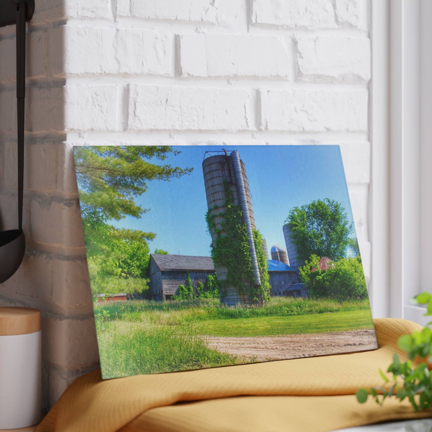 U R There Photography Bordman Road Old Grey and Silo II Rustic Farmhouse Tempered-Glass Cutting Board