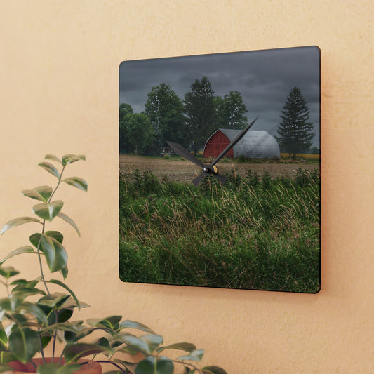 U R There Photography Mayville Road Red Quonset Rustic Farmhouse Acrylic Analog Wall Clock