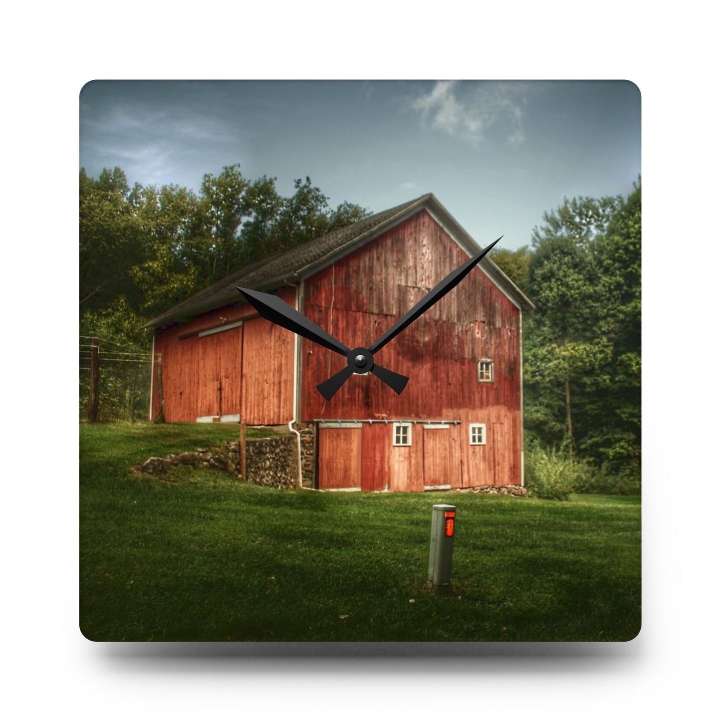 U R There Photography Buckhorn Lake Road Red Rustic Farmhouse Acrylic Analog Wall Clock