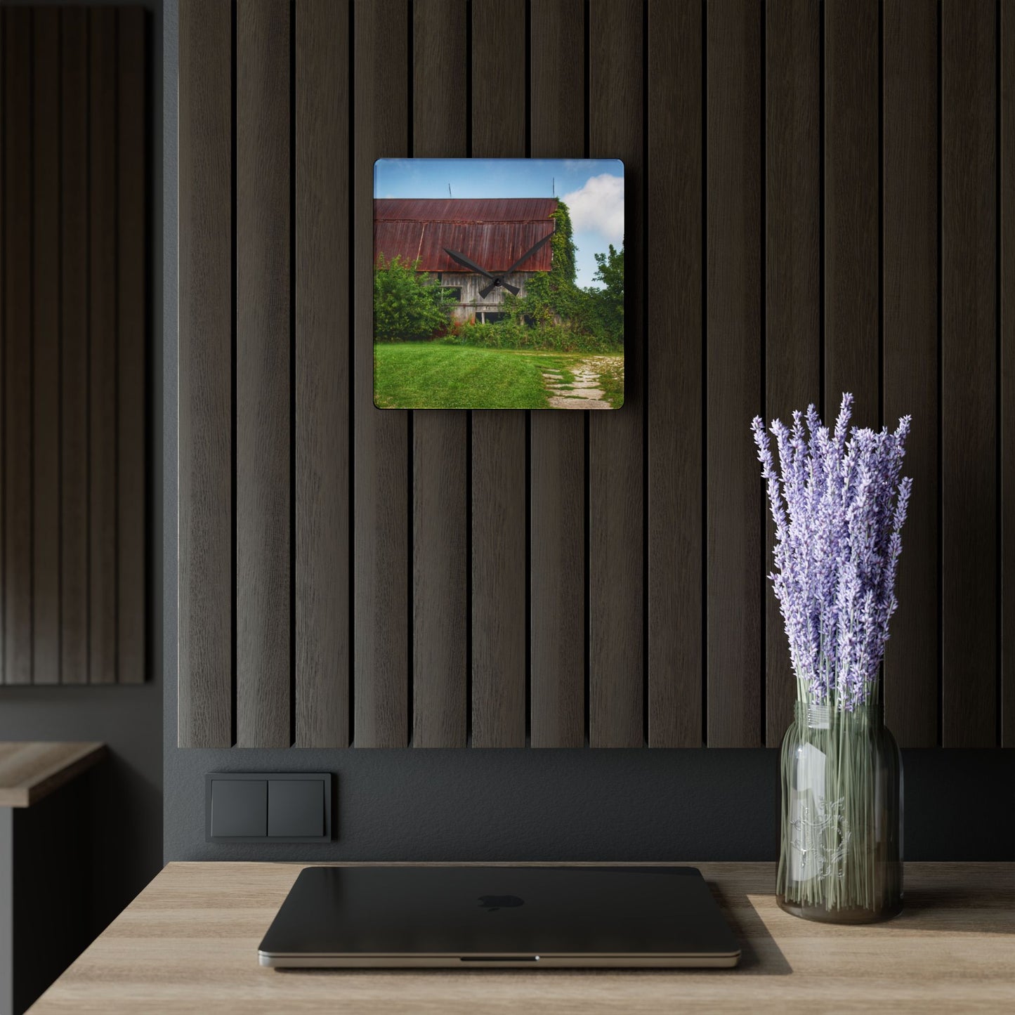U R There Photography Grey Road Rusted I Rustic Farmhouse Acrylic Analog Wall Clock