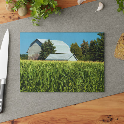 U R There Photography White Cornfield Barn Rustic Farmhouse Tempered-Glass Cutting Board
