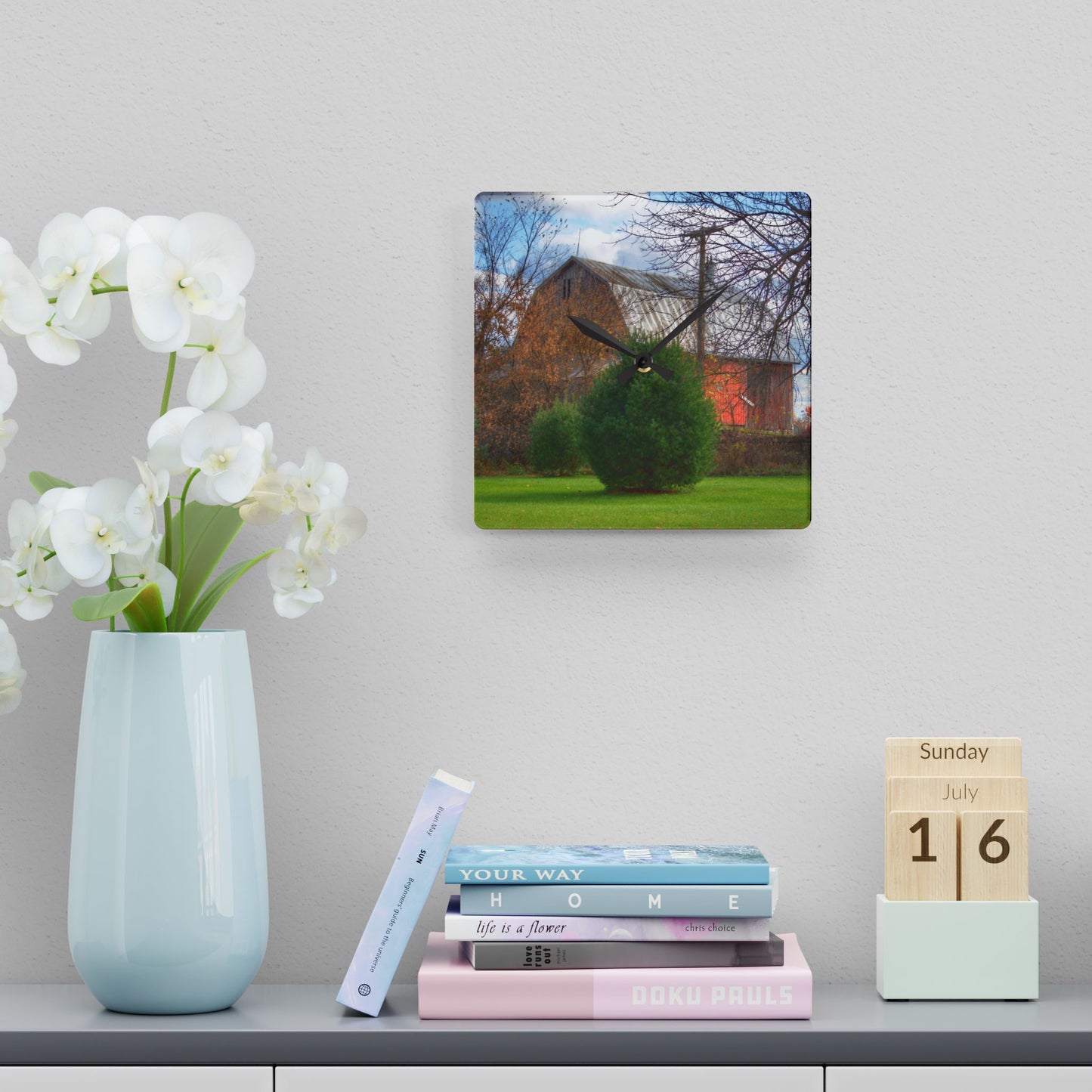 U R There Photography Millis Road Hidden Red Rustic Farmhouse Acrylic Analog Wall Clock