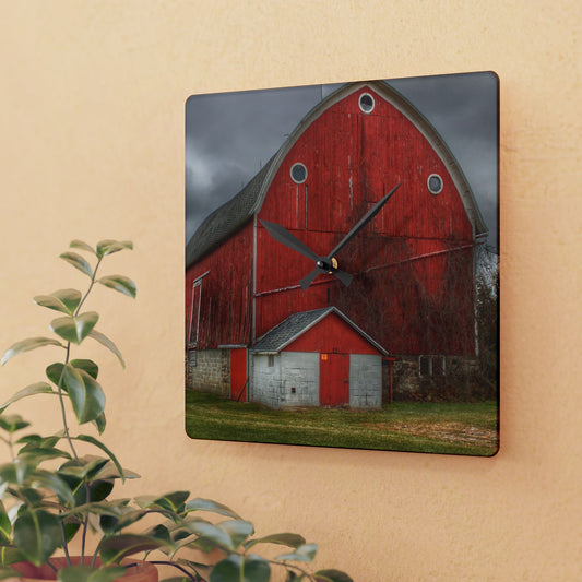U R There Photography Slattery Road Fieldstone Red Rustic Farmhouse Acrylic Analog Wall Clock