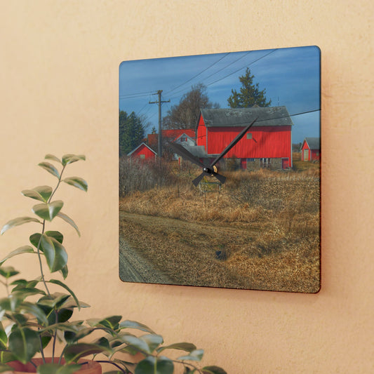 U R There Photography West Brown Road Red Rustic Farmhouse Acrylic Analog Wall Clock