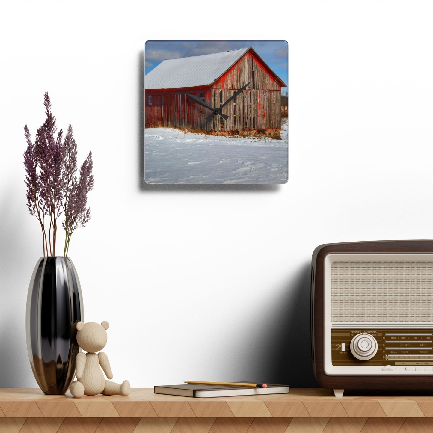 U R There Photography Barnes Road Little Red I Rustic Farmhouse Acrylic Analog Wall Clock
