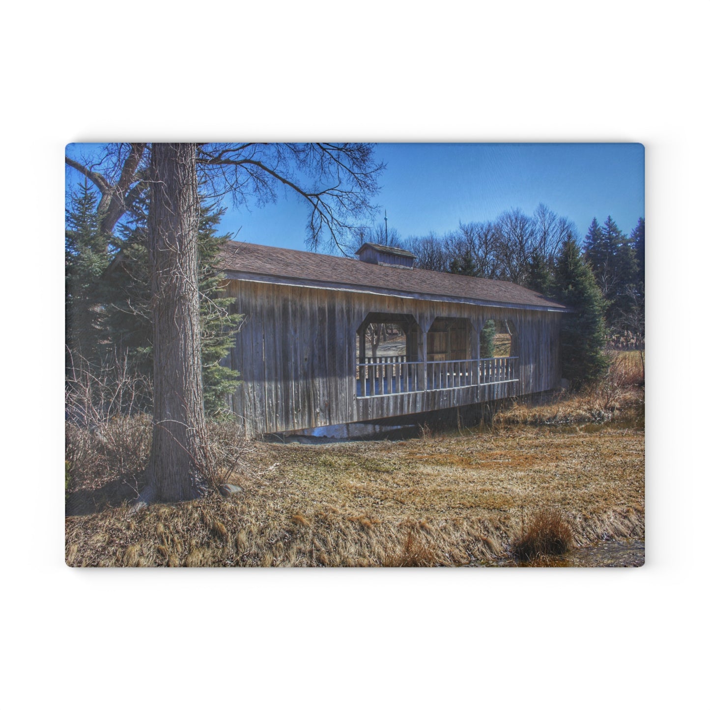 U R There Photography Covered Bridge of Campground Road I Rustic Farmhouse Tempered-Glass Cutting Board