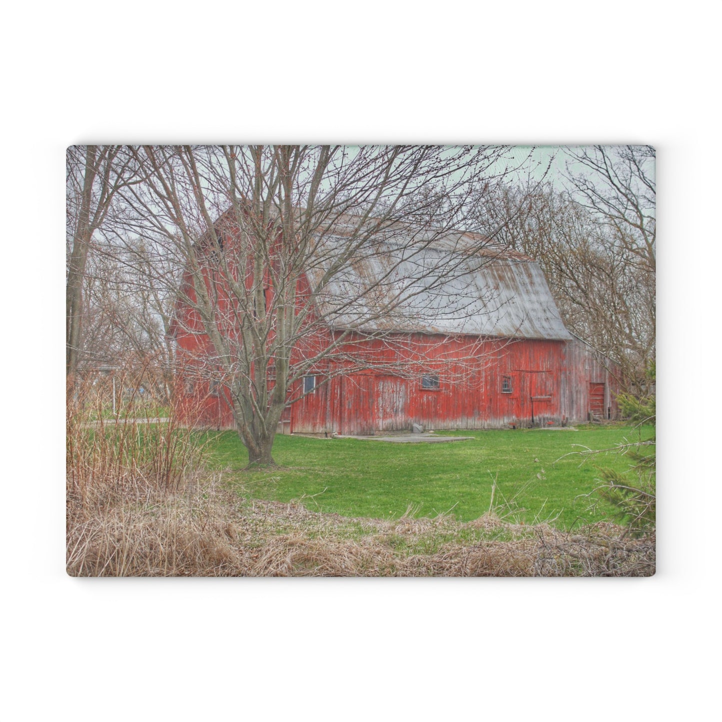 U R There Photography Dodge Road Rusted Red Rustic Farmhouse Tempered-Glass Cutting Board