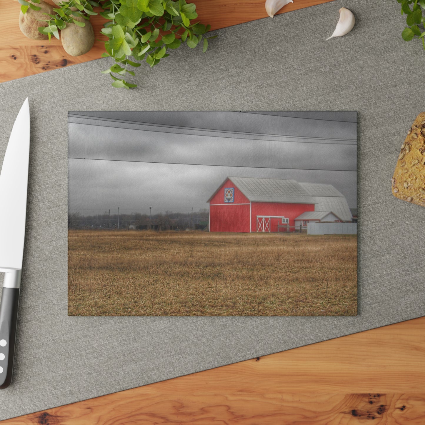 U R There Photography Barnes Road Quilted Red Rustic Farmhouse Tempered-Glass Cutting Board