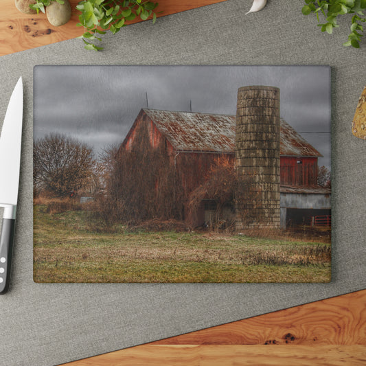U R There Photography Slattery Road Old Red and Silo I Rustic Farmhouse Tempered-Glass Cutting Board