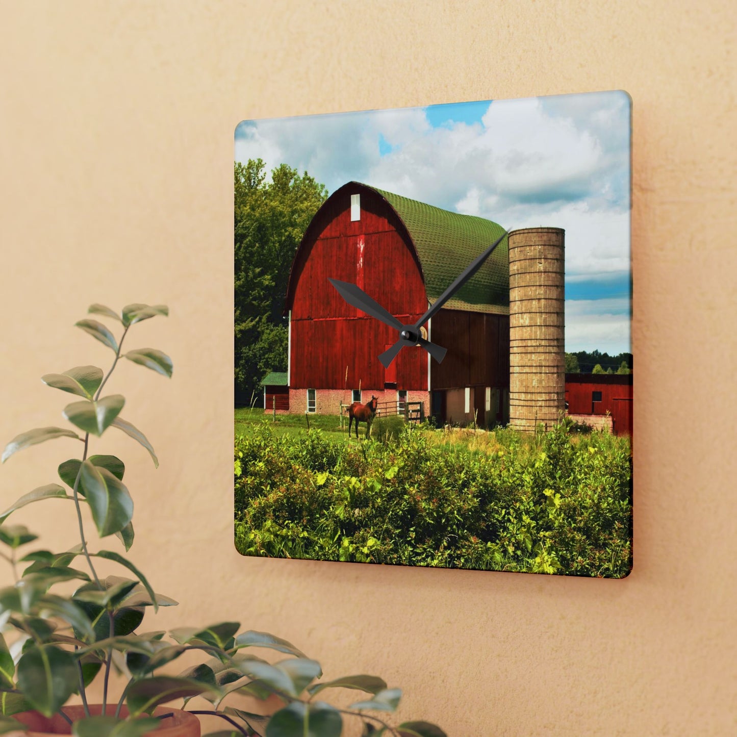 Rustic Farmhouse Wall Clock featuring Red Barn and Horses