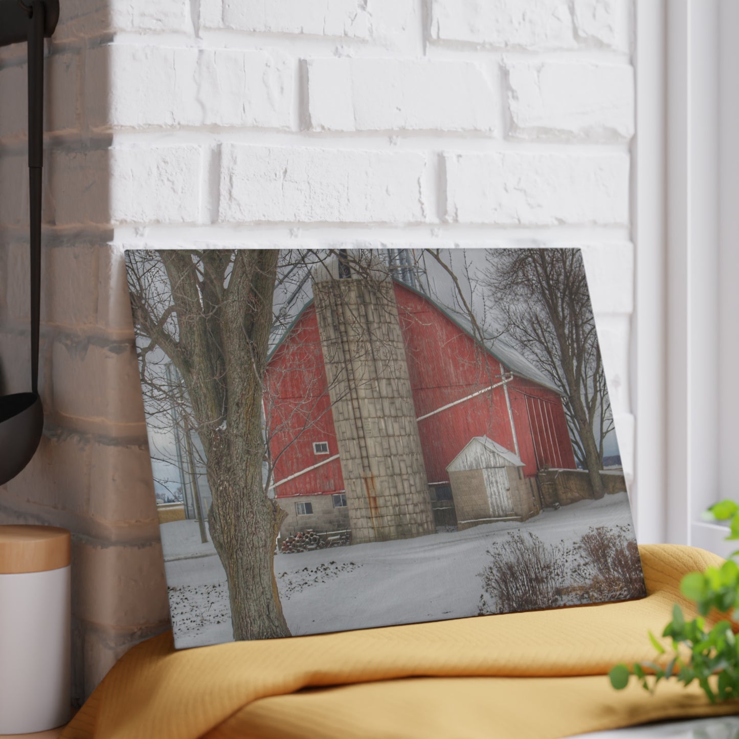 U R There Photography Frenchline Road Red in Winter Rustic Farmhouse Tempered-Glass Cutting Board