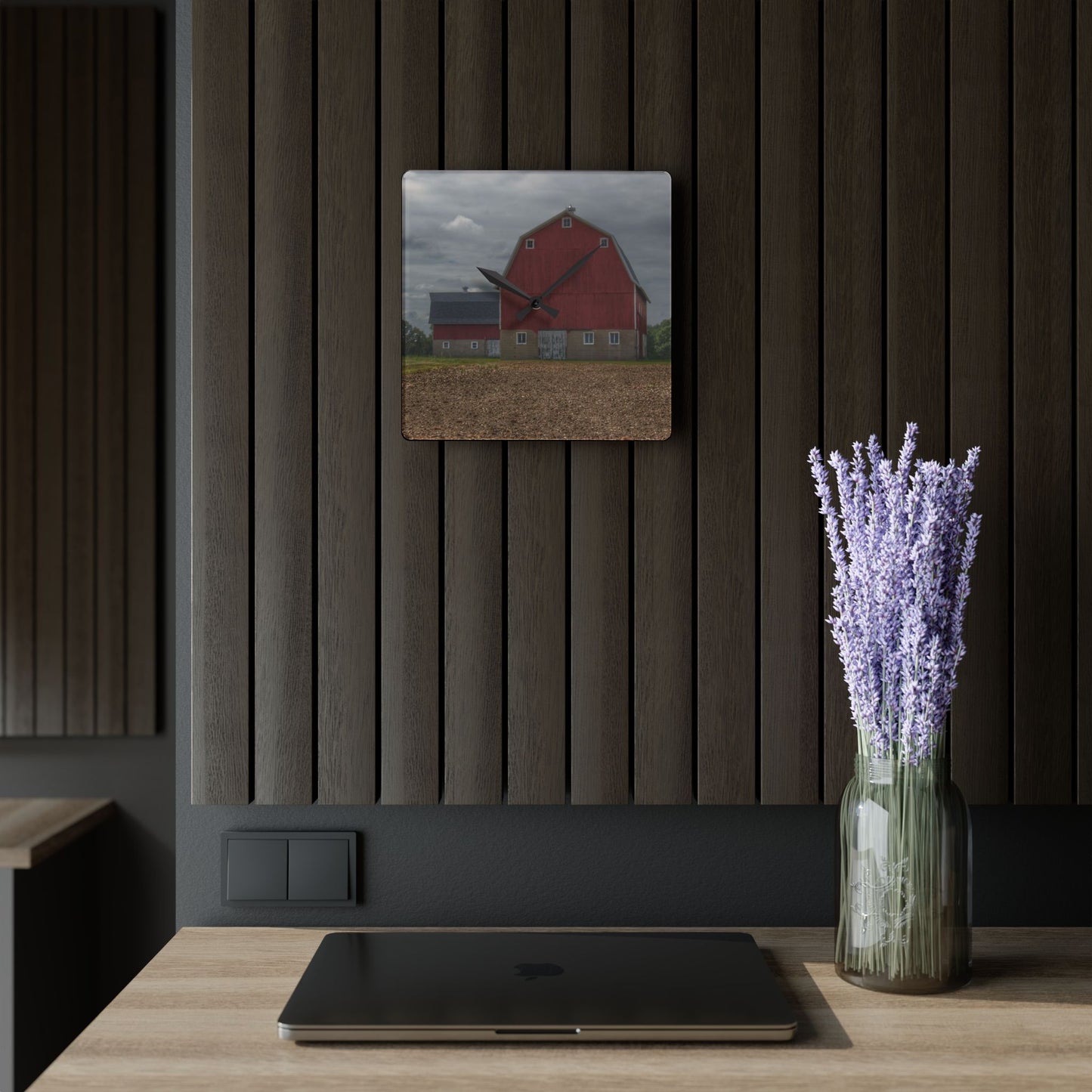 U R There Photography Cade Road Red I Rustic Farmhouse Acrylic Analog Wall Clock