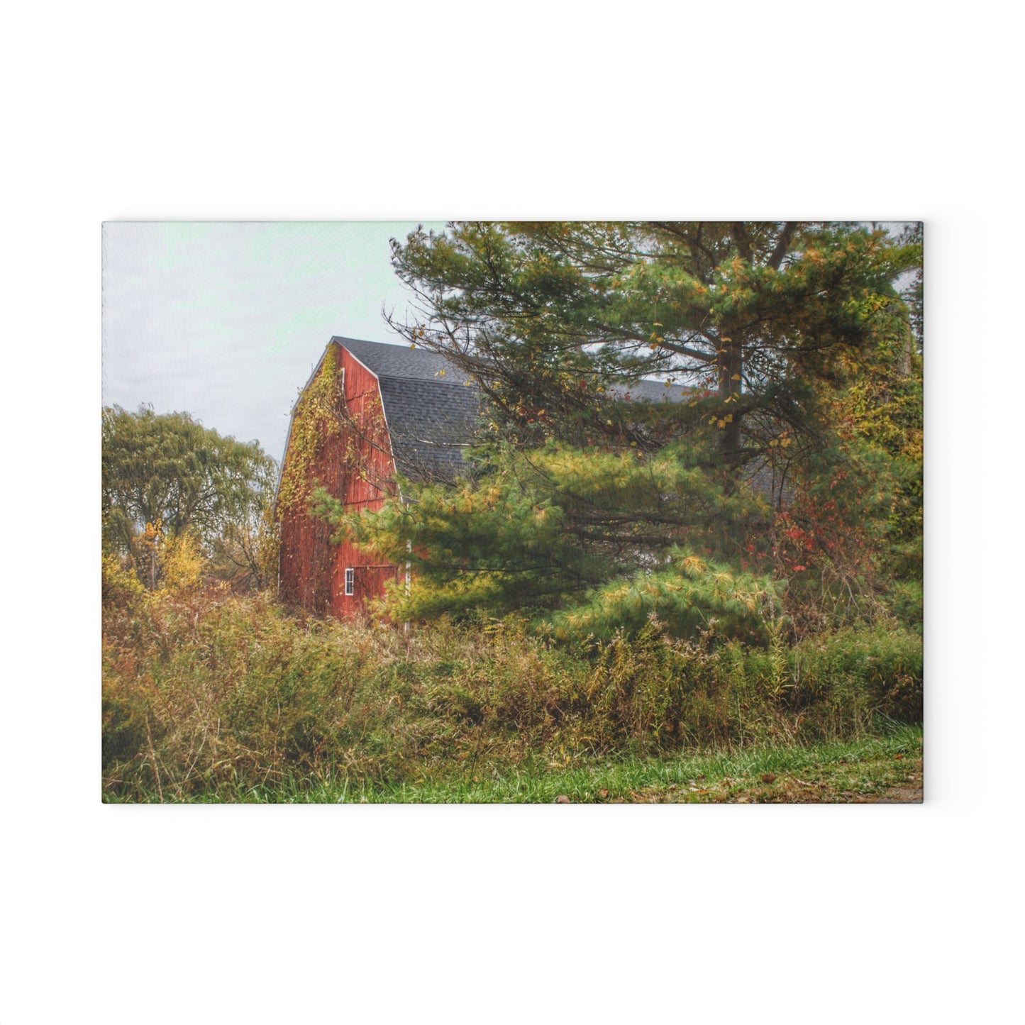 U R There Photography Green Corners Road Hidden Red Rustic Farmhouse Tempered-Glass Cutting Board