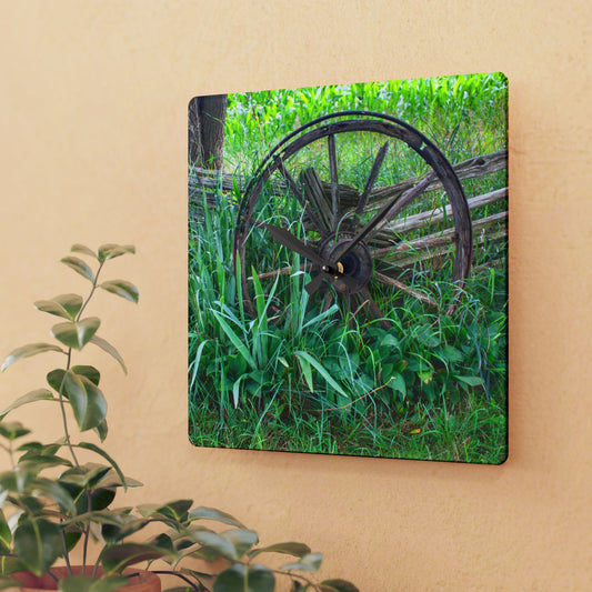 U R There Photography Wagon Wheel Fences Rustic Farmhouse Acrylic Analog Wall Clock