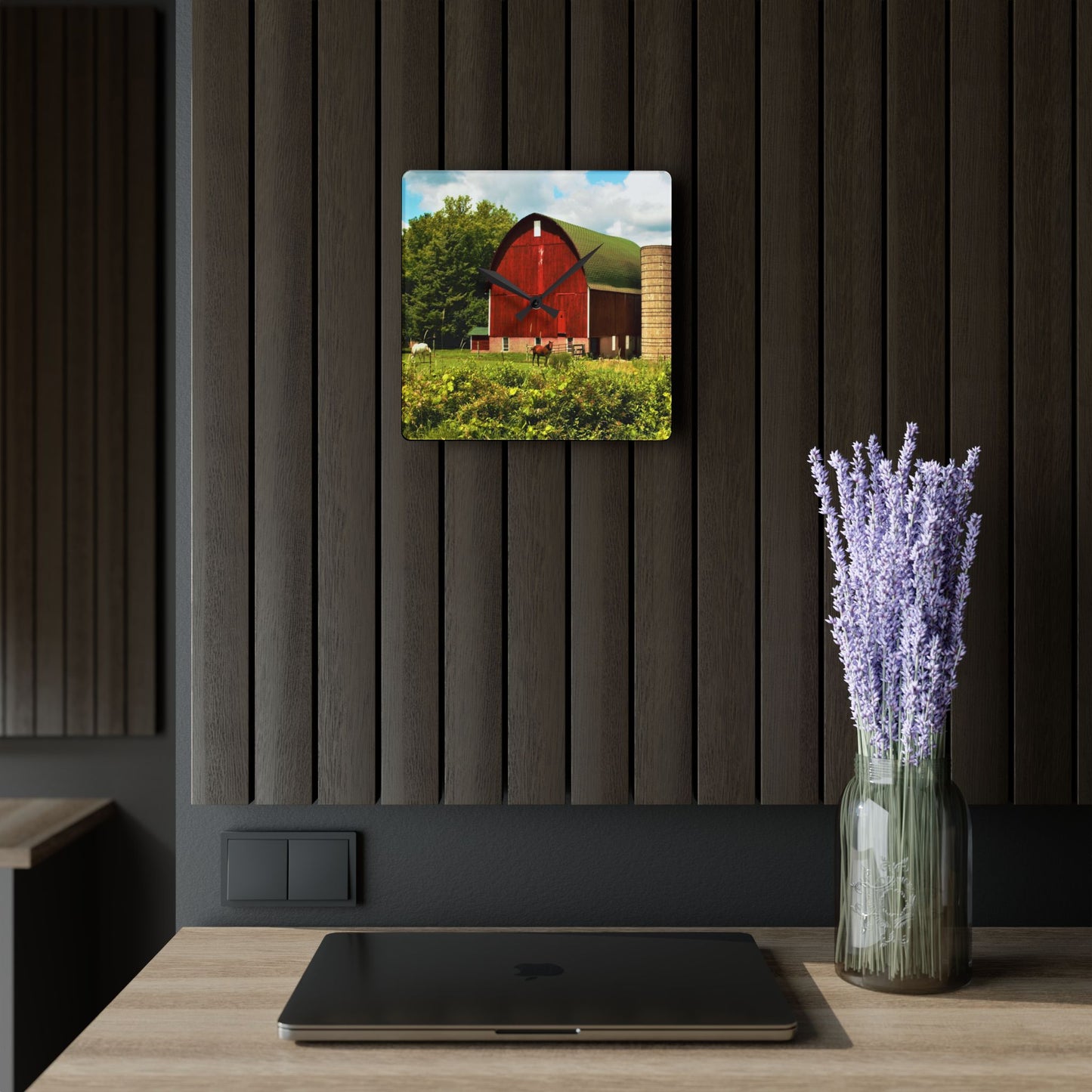 U R There Photography Elmwood Road Red and Horses Rustic Farmhouse Acrylic Analog Wall Clock