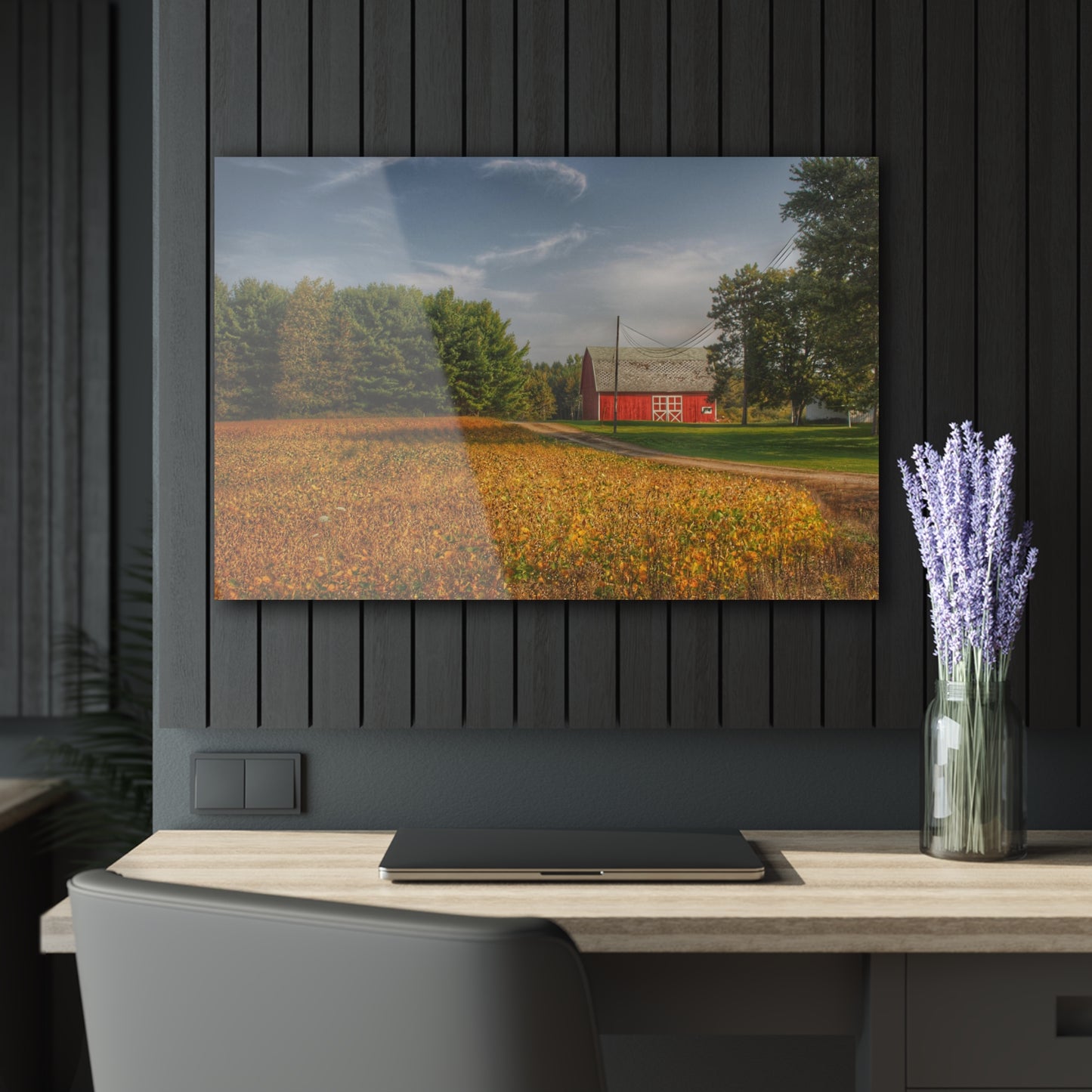 U R There Photography Red Barn on Golden Field Rustic Farmhouse Acrylic Analog Wall Clock