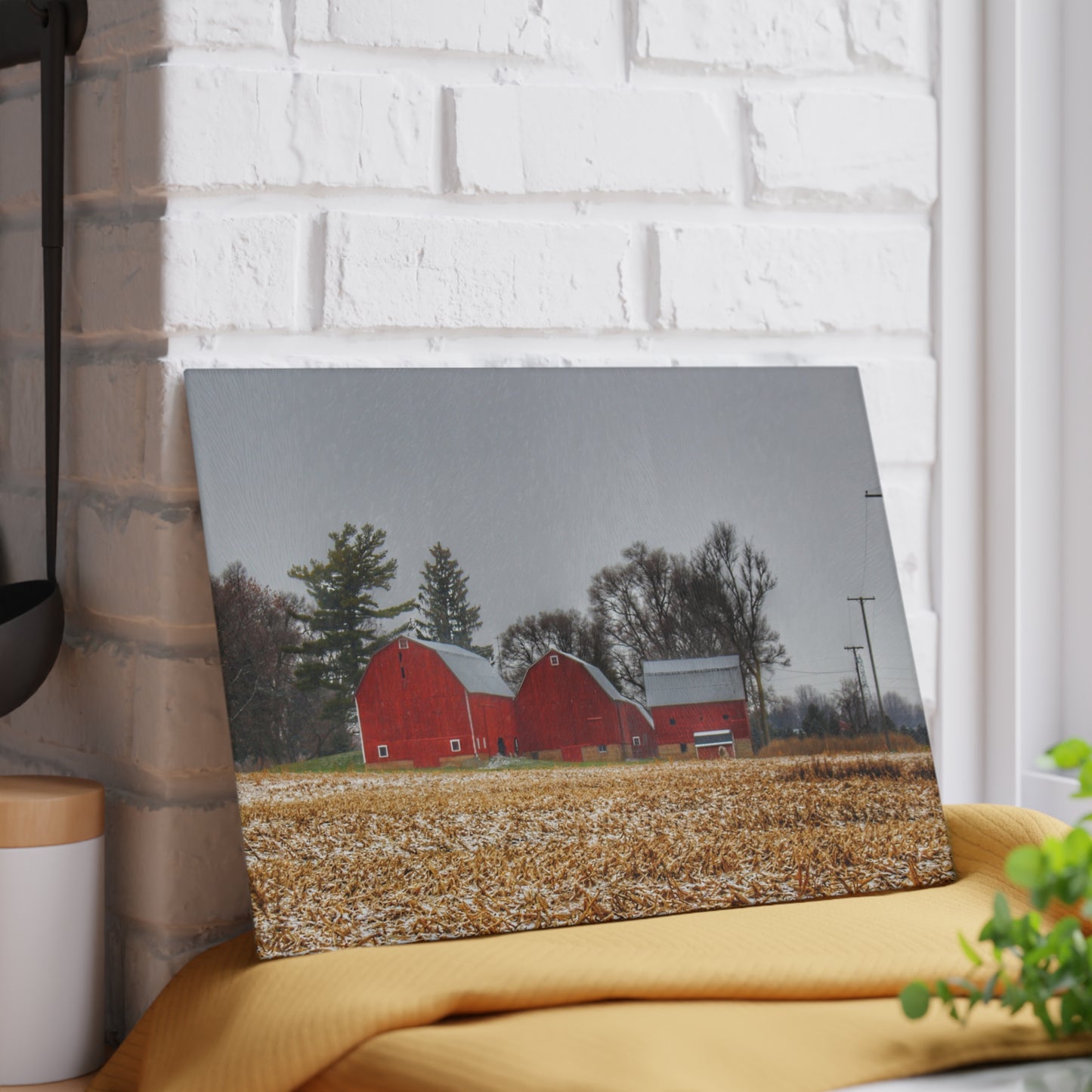 U R There Photography Shoemaker Road Winter Reds II Rustic Farmhouse Tempered-Glass Cutting Board