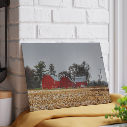 U R There Photography Shoemaker Road Winter Reds II Rustic Farmhouse Tempered-Glass Cutting Board