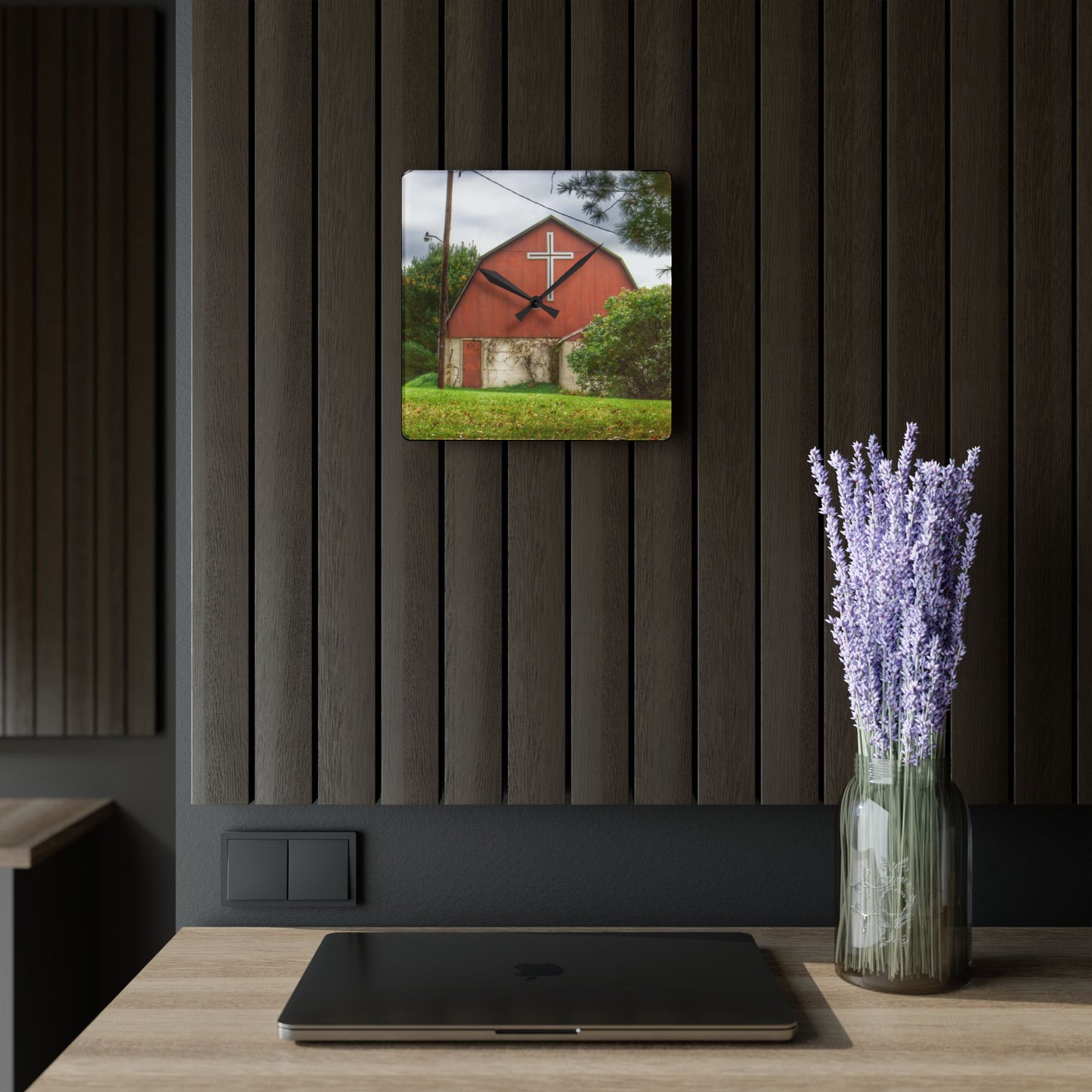 U R There Photography Flint River Road Cross Barn Rustic Farmhouse Acrylic Analog Wall Clock