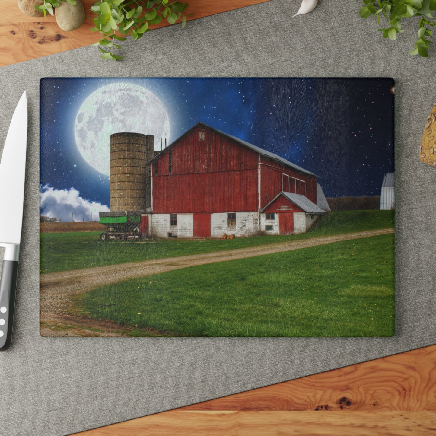 U R There Photography Fostoria Red in the Moonlight Rustic Farmhouse Tempered-Glass Cutting Board