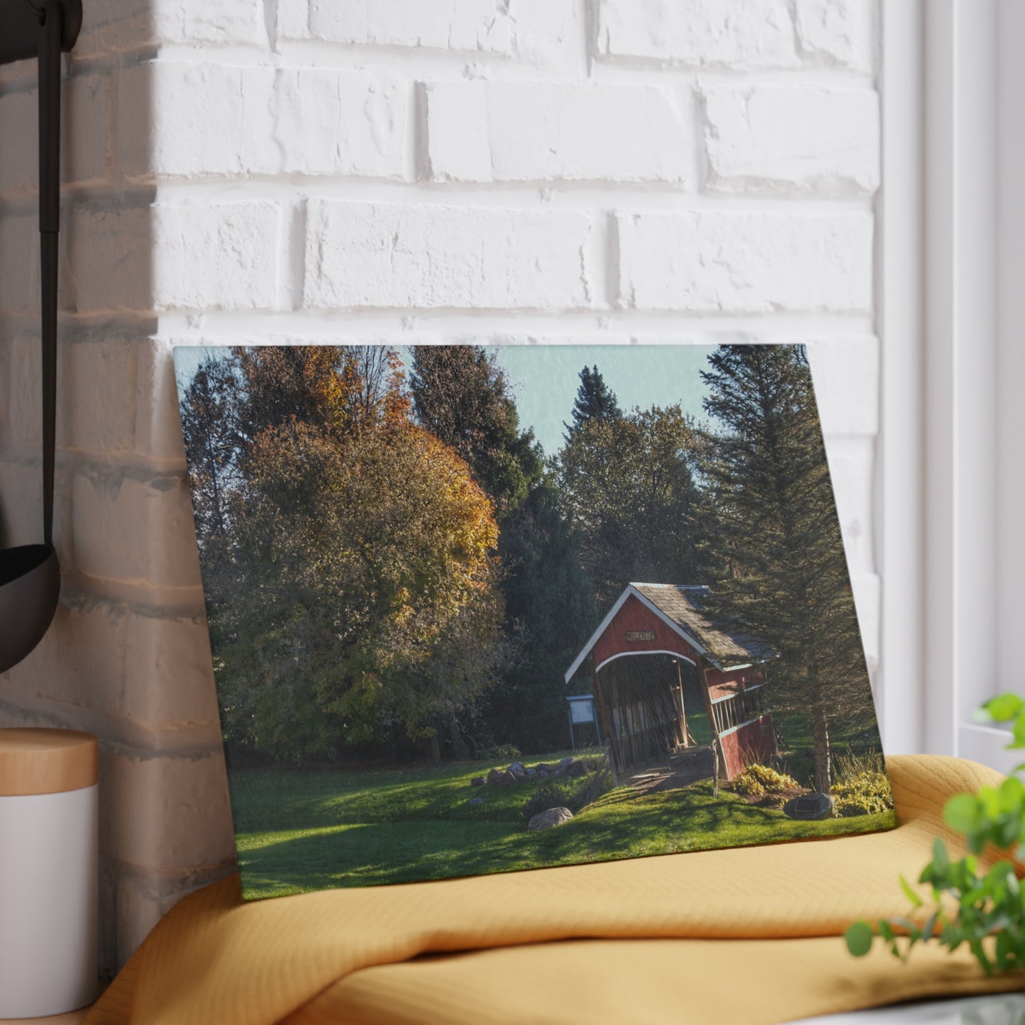 U R There Photography Hadley Covered Bridge II Rustic Farmhouse Tempered-Glass Cutting Board