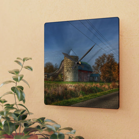 U R There Photography Plumb Creek Road Red in Fall I Rustic Farmhouse Acrylic Analog Wall Clock