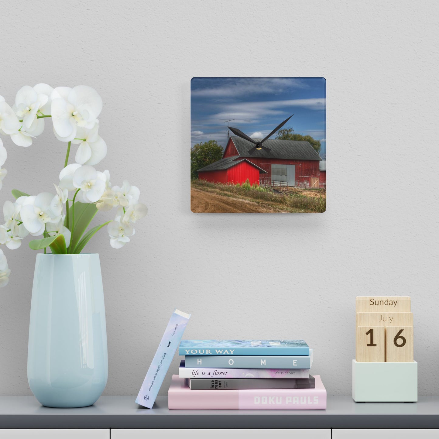 U R There Photography Wheeling Road Red Rustic Farmhouse Acrylic Analog Wall Clock