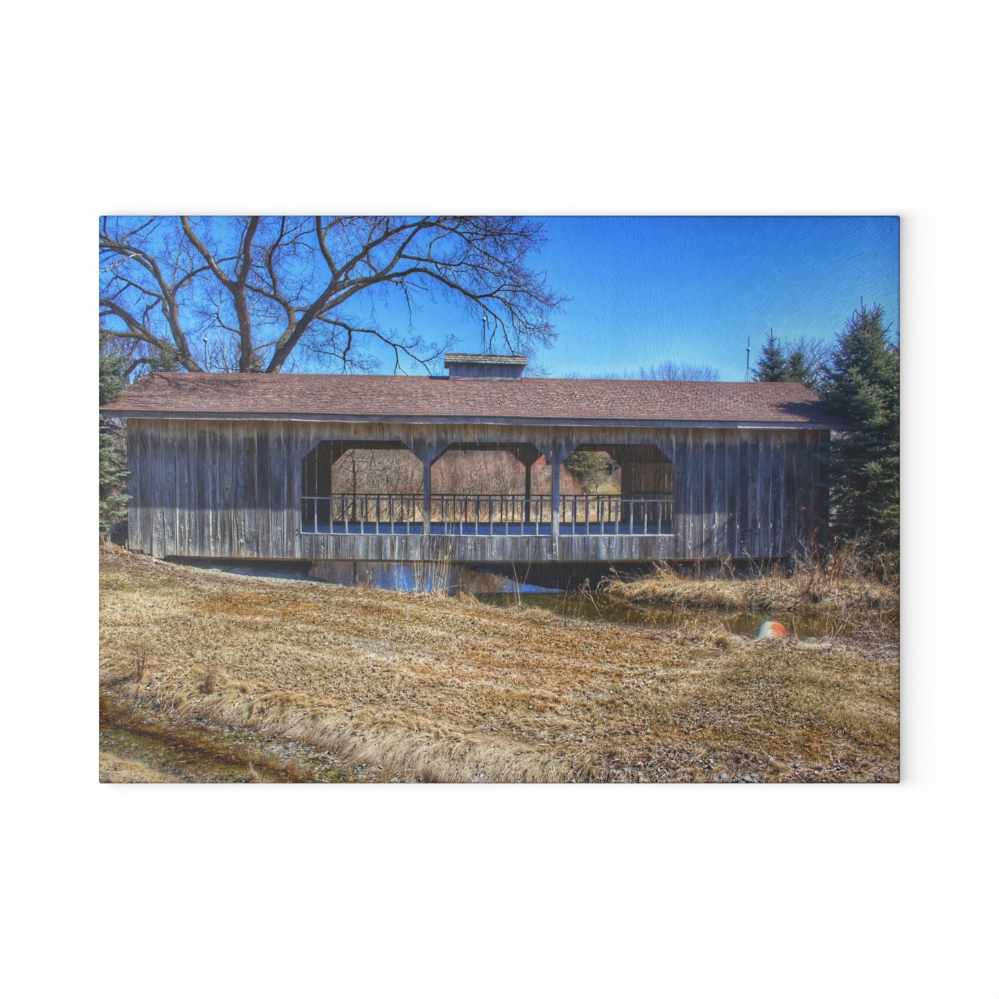 U R There Photography Covered Bridge of Campground Road II Rustic Farmhouse Tempered-Glass Cutting Board