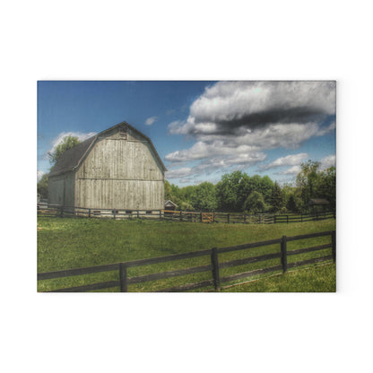 Barn Boutique Rustic Tempered-Glass Cutting Board| White Barn on a Sunny Day