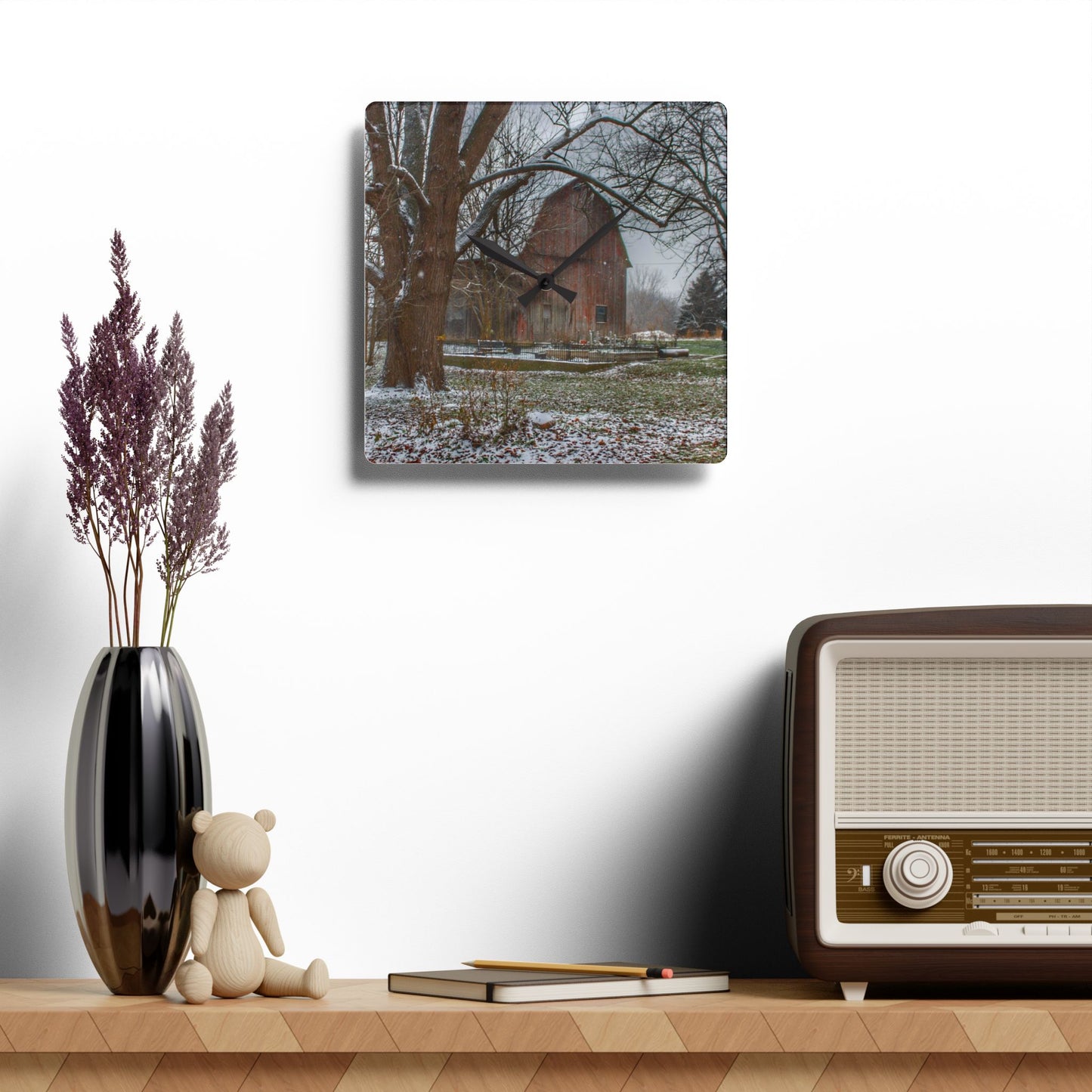 U R There Photography Bishop Road Winter Red Rustic Farmhouse Acrylic Analog Wall Clock