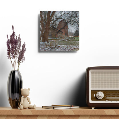 U R There Photography Bishop Road Winter Red Rustic Farmhouse Acrylic Analog Wall Clock