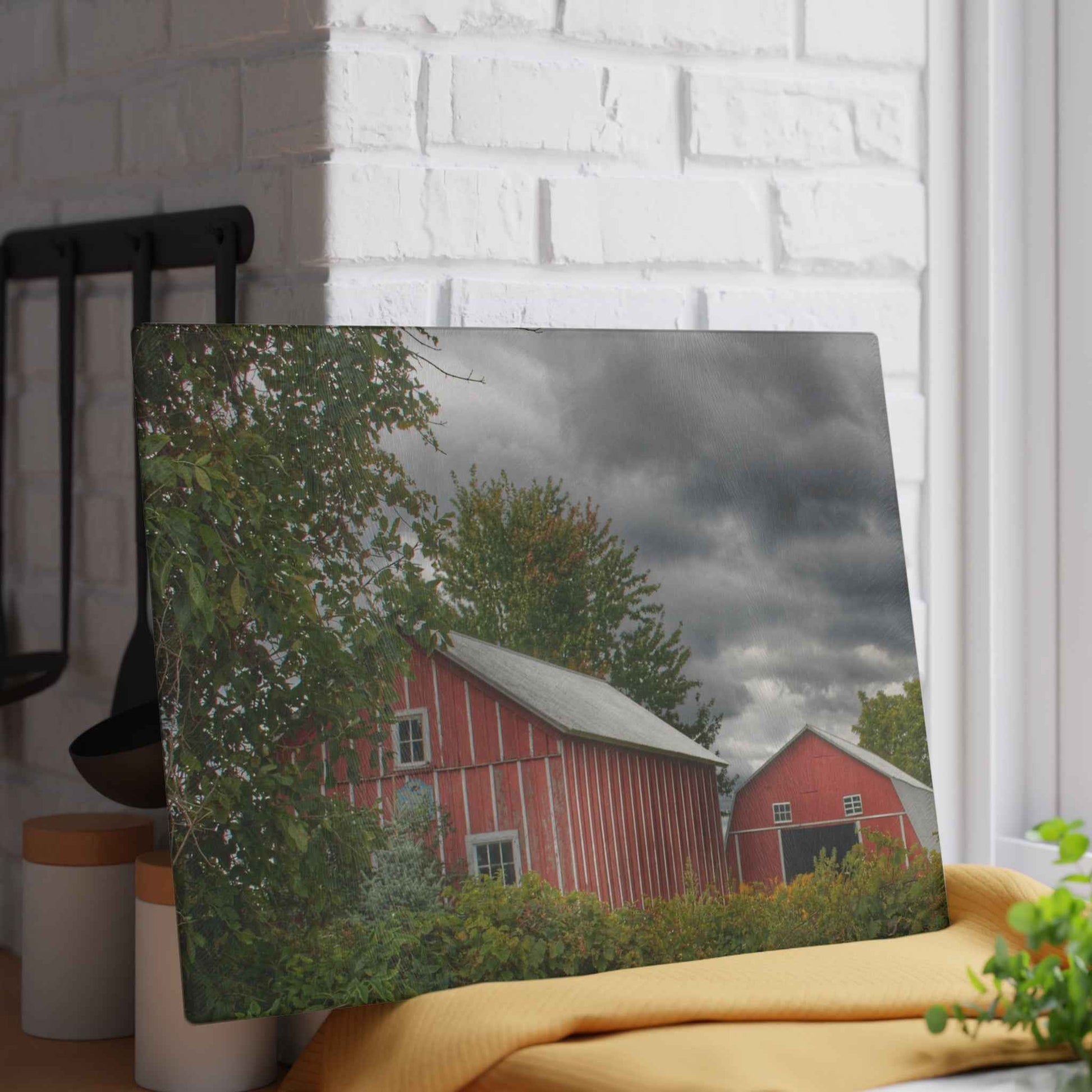 U R There Photography Pinstripe Barn and Buddy I Rustic Farmhouse Tempered-Glass Cutting Board