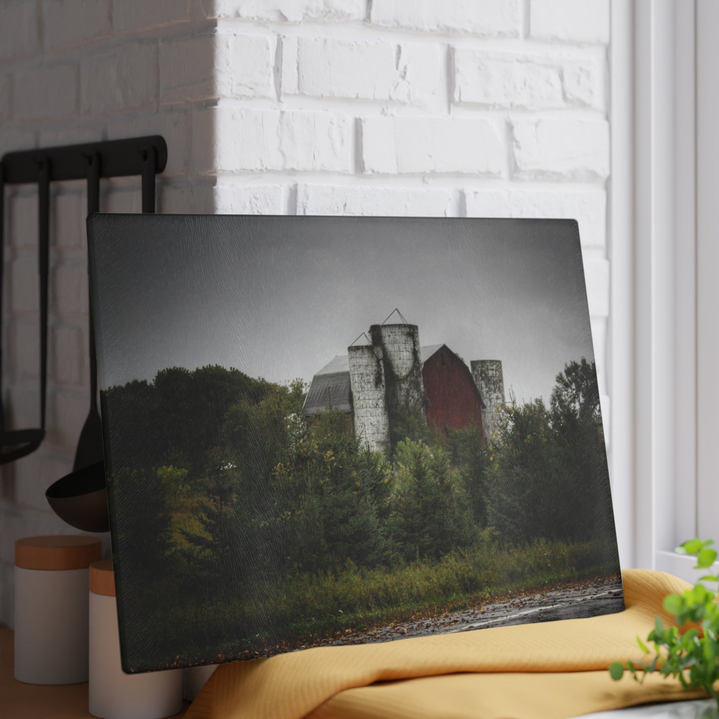 U R There Photography Castle Road Red and Silos in the Rain Rustic Farmhouse Tempered-Glass Cutting Board