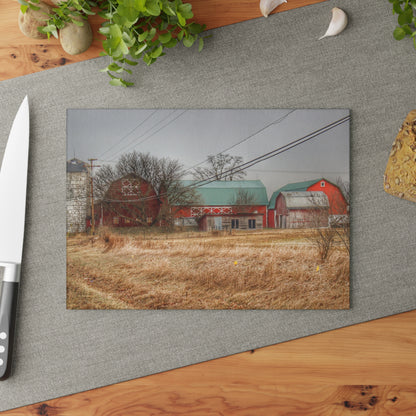 U R There Photography Mound Road Reds and Silo Rustic Farmhouse Tempered-Glass Cutting Board