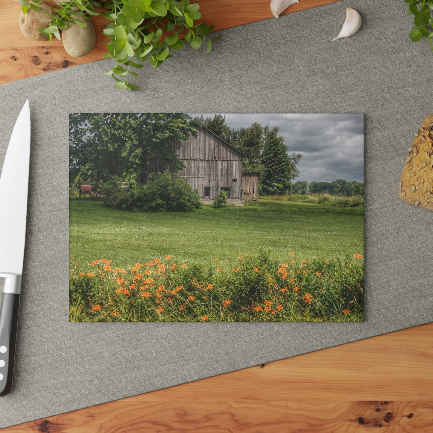 U R There Photography Millington Road Lilly Grey Rustic Farmhouse Tempered-Glass Cutting Board