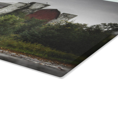 U R There Photography Castle Road Red and Silos in the Rain Rustic Farmhouse Tempered-Glass Cutting Board