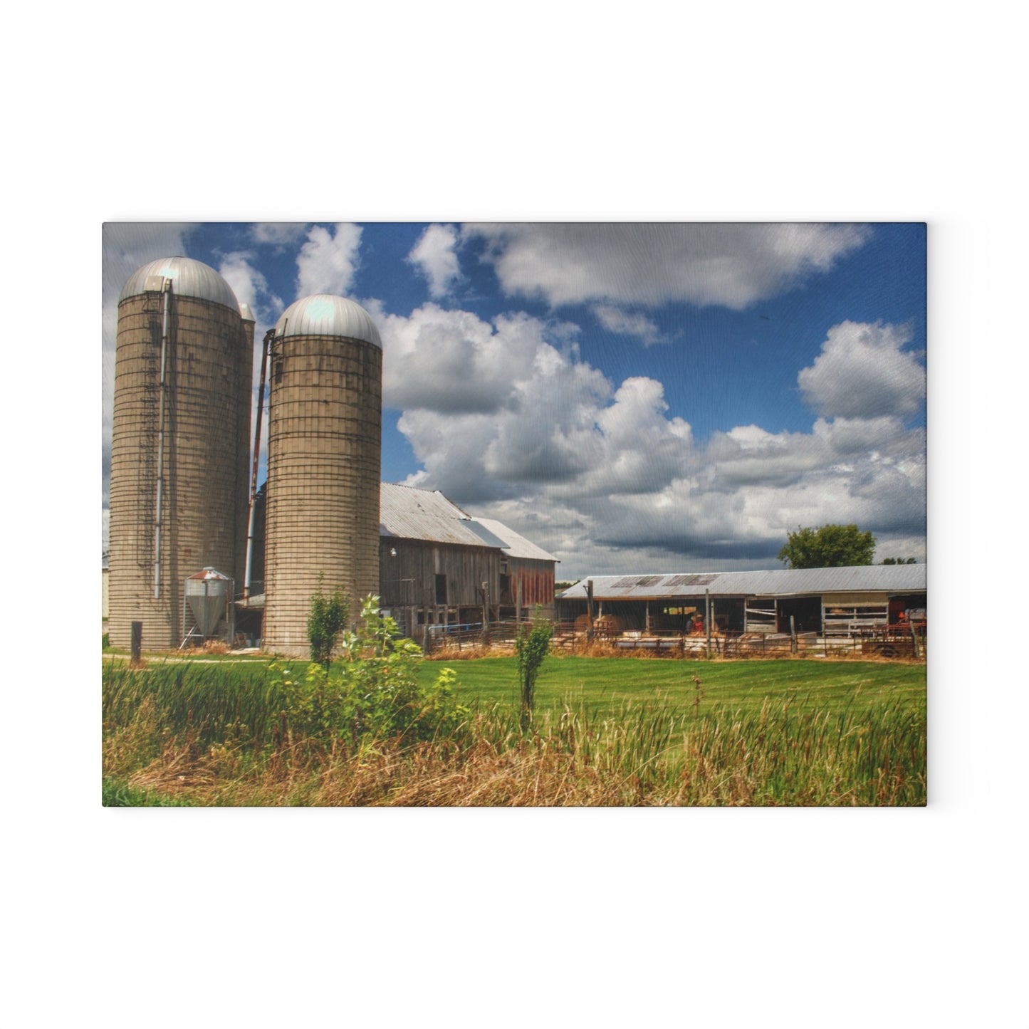 U R There Photography Millington Grey and Silos Rustic Farmhouse Tempered-Glass Cutting Board