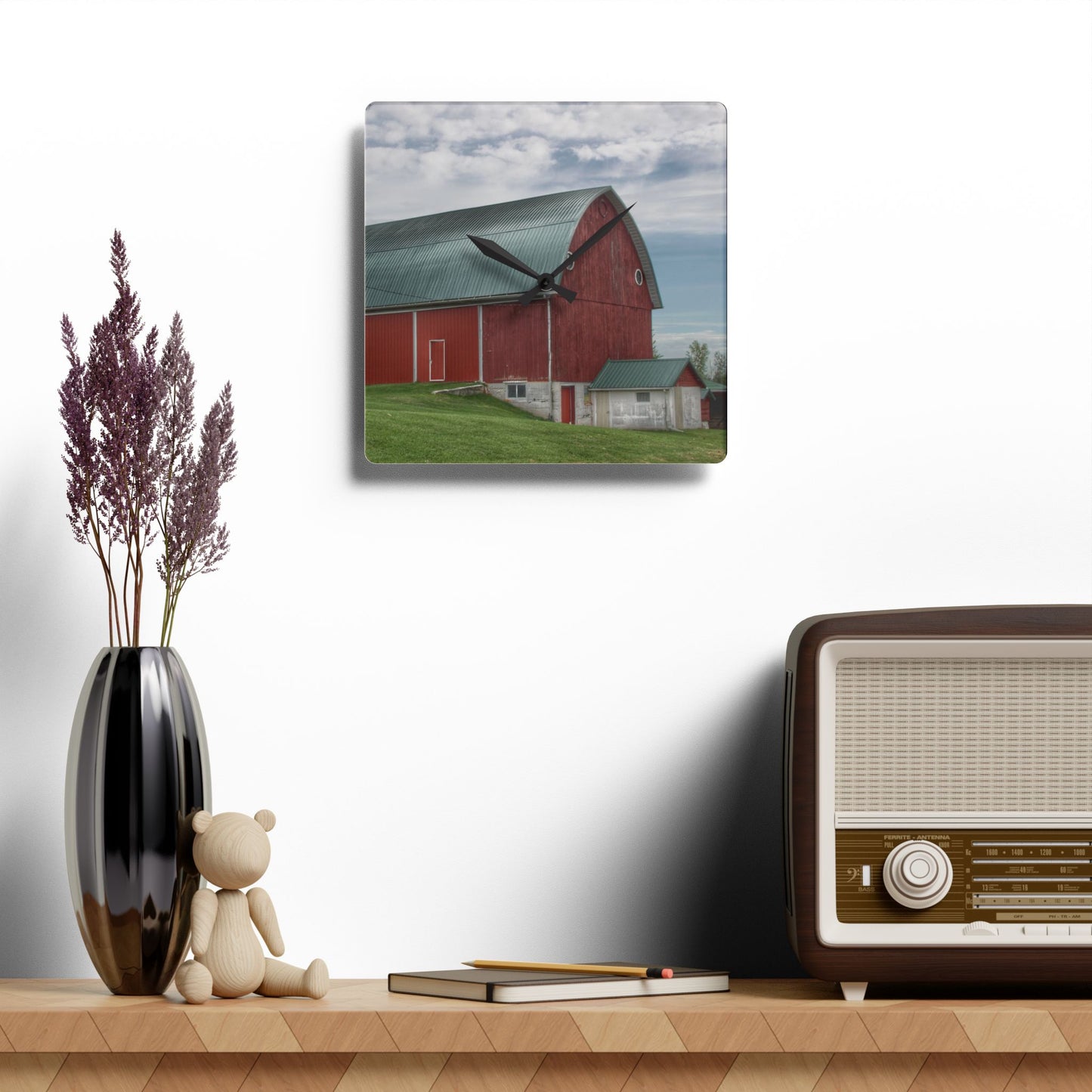 U R There Photography Elmwood Road Red I Rustic Farmhouse Acrylic Analog Wall Clock 10.75'' × 10.75'' (Square)