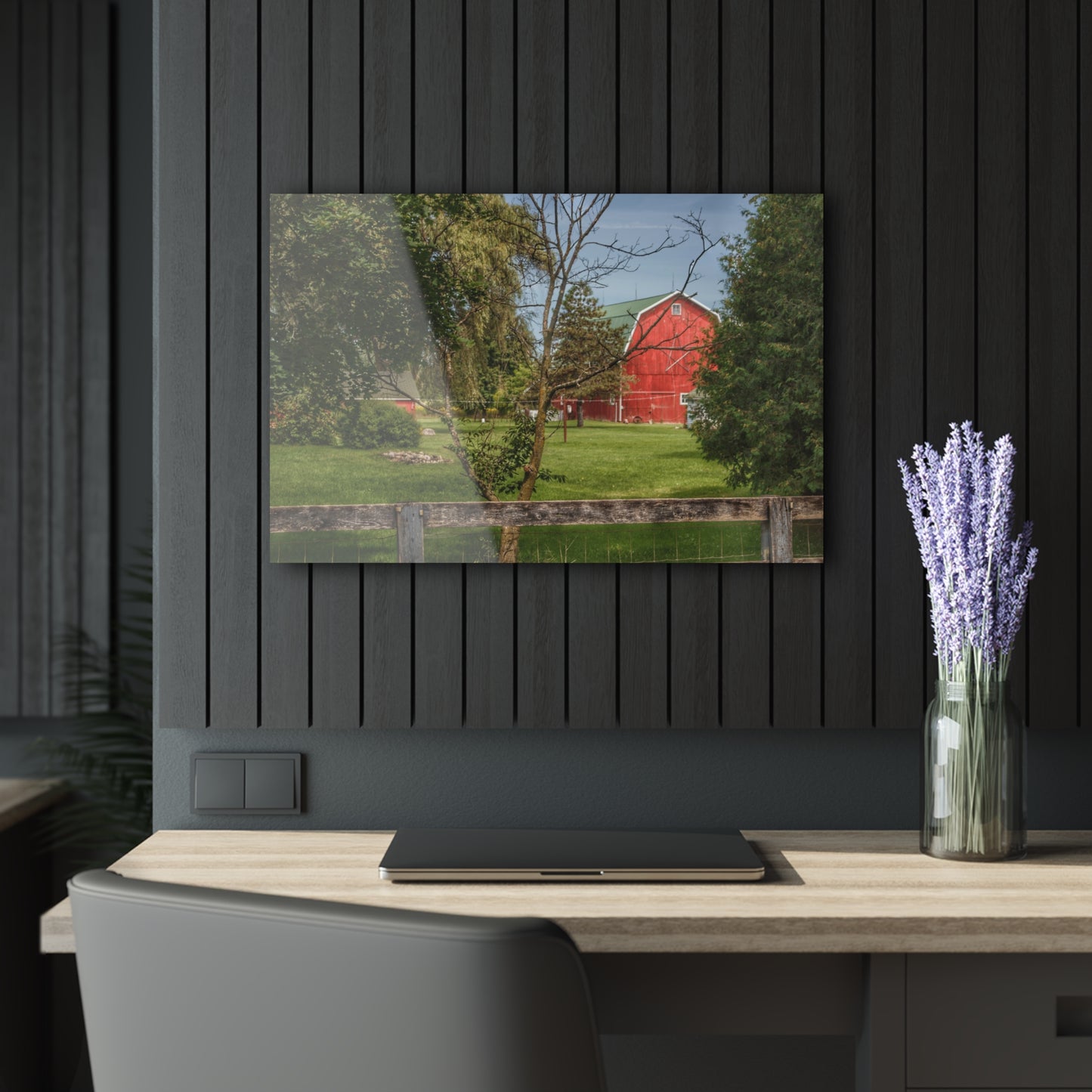 U R There Photography Roadside Red Beyond the Fence Rustic Farmhouse Acrylic Wall Print