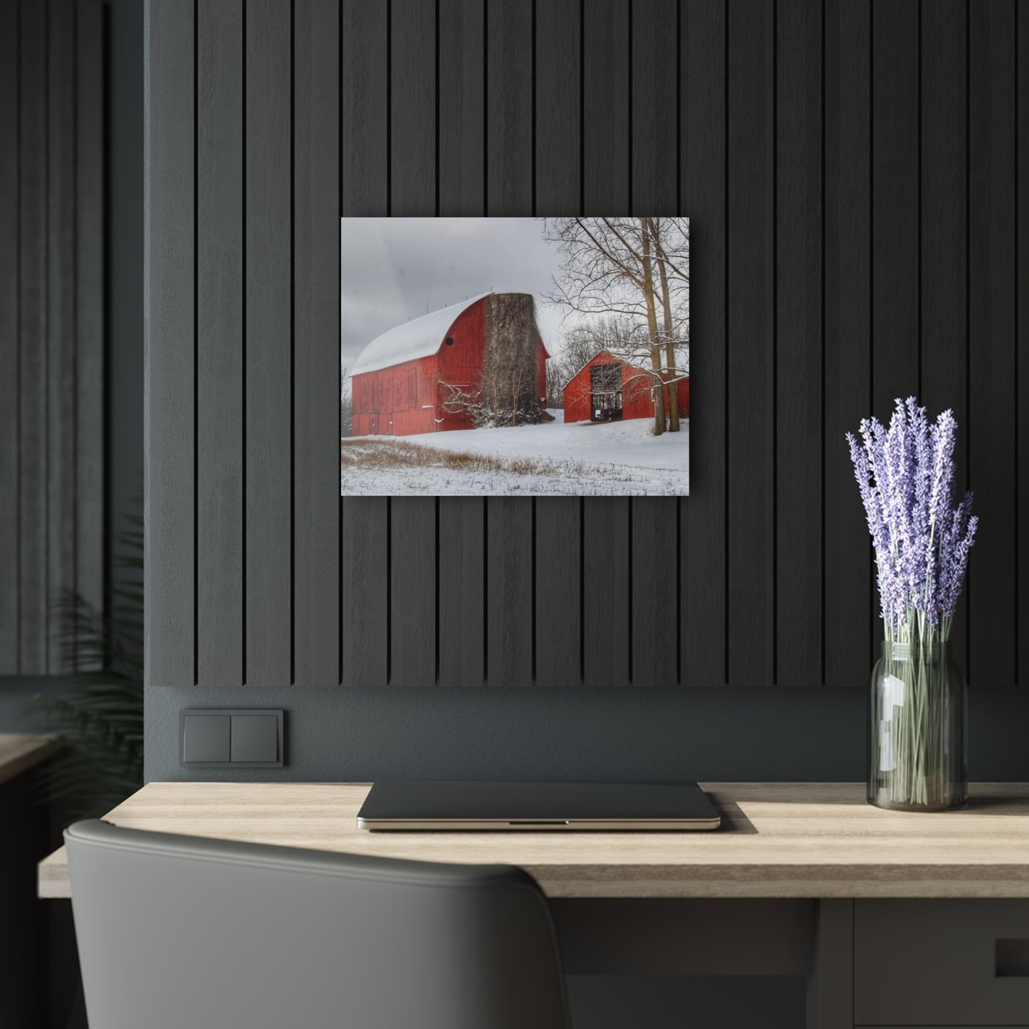 U R There Photography Catlin Reds in Winter I Rustic Farmhouse Acrylic Wall Print