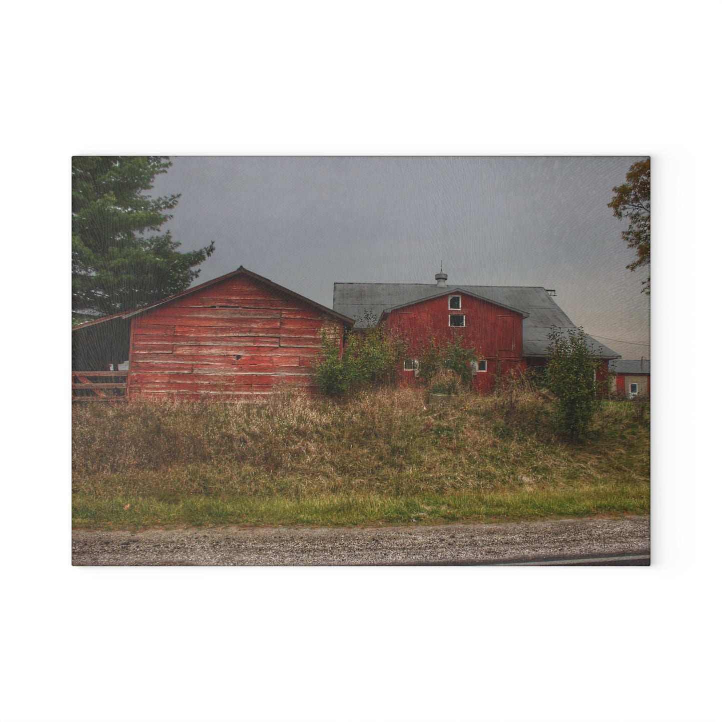 U R There Photography Goodrich Baldwin Road Reds I Rustic Farmhouse Tempered-Glass Cutting Board